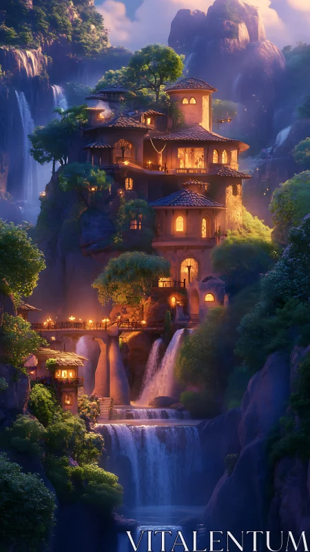 Terraced cliffside house overlooking glowing night waterfalls.