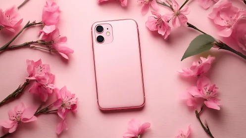 Pink iPhone with Dual Camera System Surrounded by Blooming Floral Arrangements