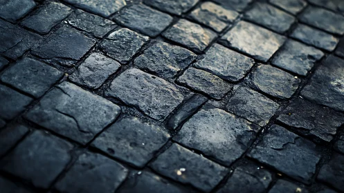 Wet cobblestone street in moody blue tones, close-up perspective.