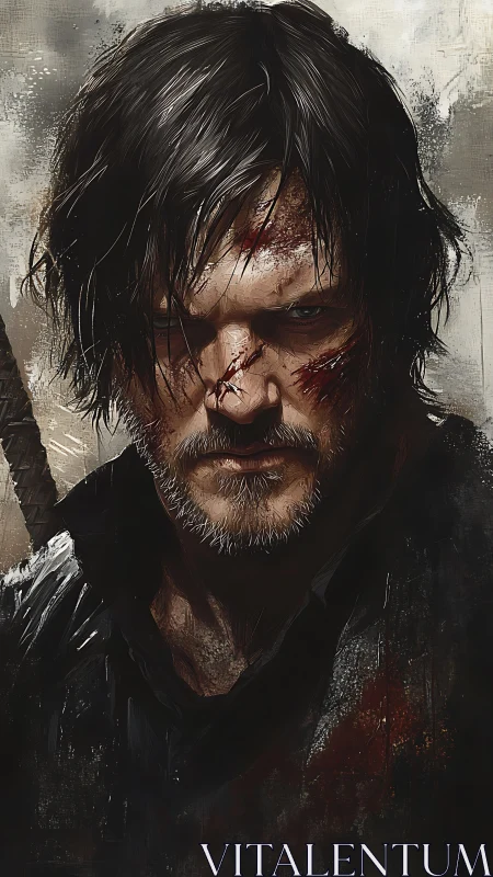 Weathered survivor portrait with textured digital grit rendering.