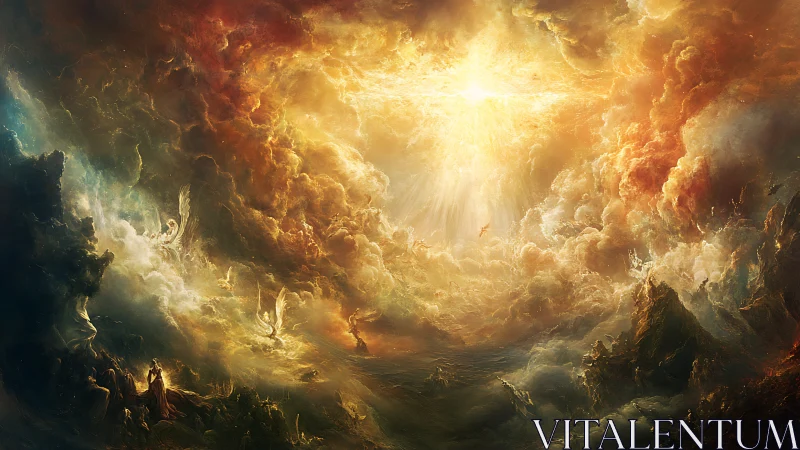 Radiant celestial vortex with luminous cloud dynamics and angelic forms