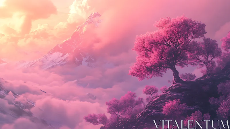 Dreamy pink trees glow softly above misty mountain clouds