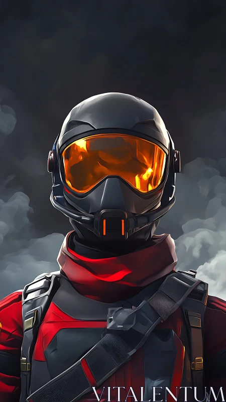 Futuristic soldier in red armor with reflective visor.
