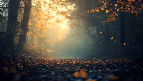 Autumn forest path with golden sunlight filtering through trees