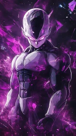 Armored alien warrior stands amid crackling violet energy storm