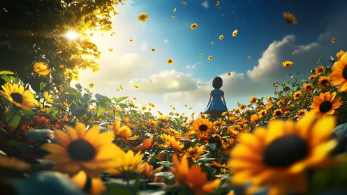 Child in extensive sunflower field under bright sky at dusk.
