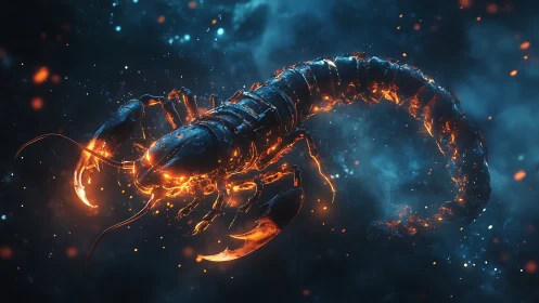 Luminous scorpion render shows segmented body in space-like fog