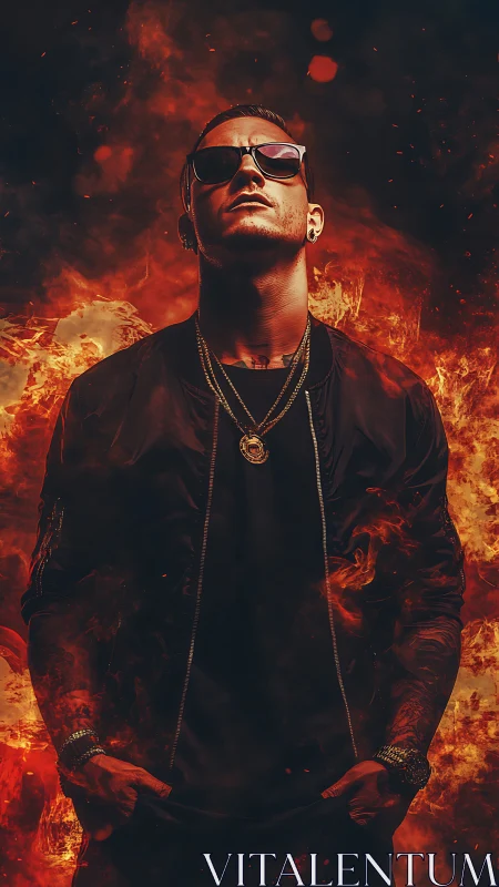 Confident man in sunglasses stands strong in swirling flames