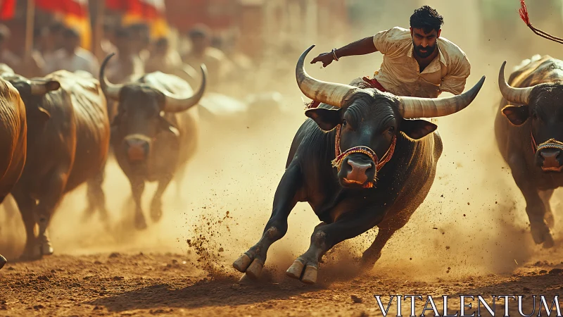Bull racing scene with rider in dusty rural arena.