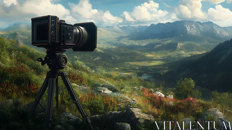 Landscape camera ready to capture sunlit mountain valley.