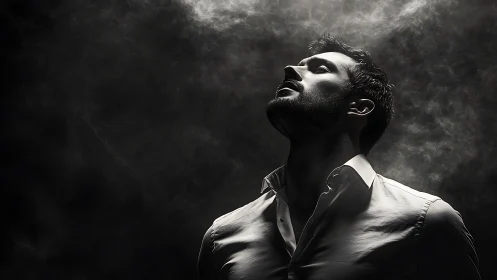 Man in white shirt lit dramatically against smoky darkness
