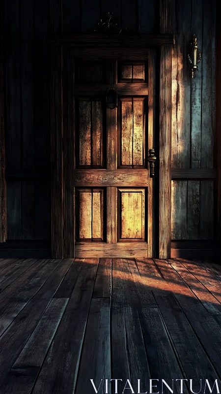 Sunlit wooden door casts haunting shadows across floor