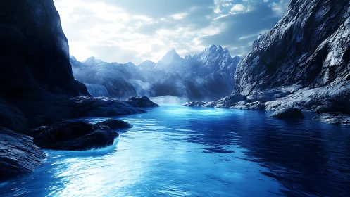 Icy mountain fjord with luminous blue glacial water.