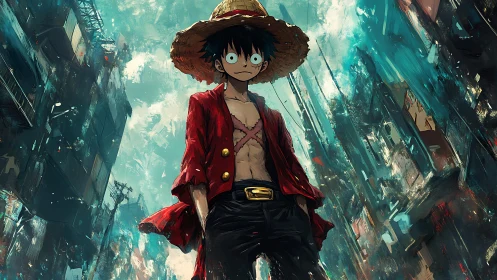 Straw hat wanderer in distressed urban canyon, midground focus