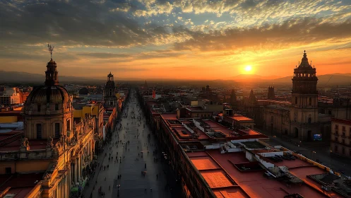 Sunset over historic avenue with domed and towered skyline.