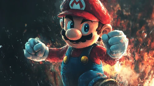 Mario character rendered in dynamic fiery digital painting