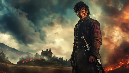 Storm-eyed highlander guarding a burning hill fortress.