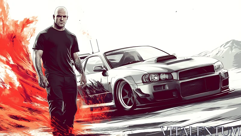 Aggressive tuner coupe rendered with dynamic driver in stylized motion