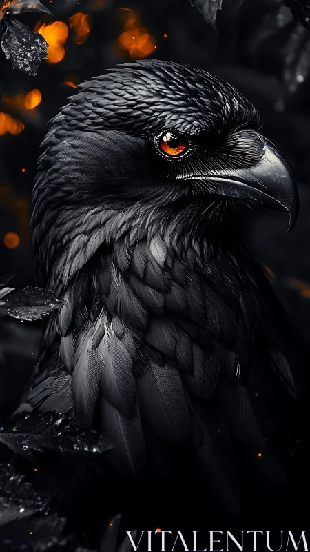 Obsidian raven portrait renders incandescent eye against bokeh