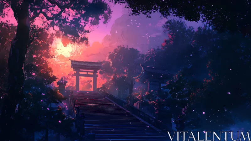 Torii gate at dusk framed by saturated neon twilight forest