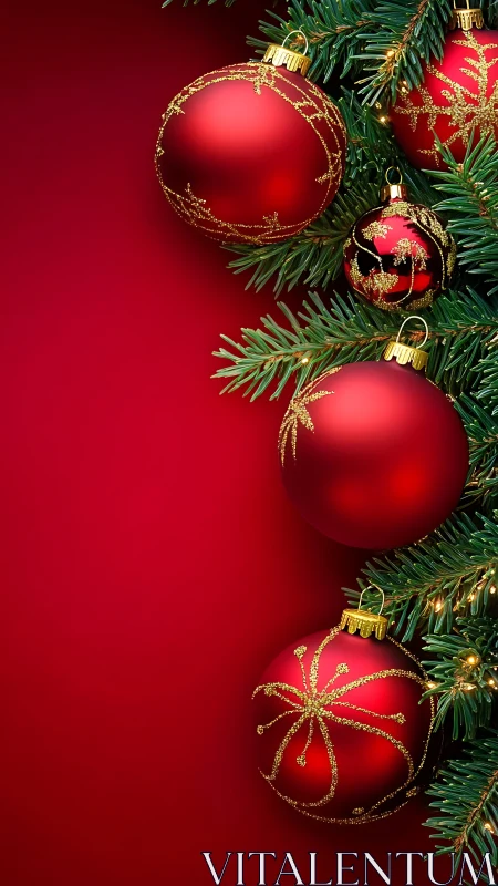 Photorealistic red baubles on evergreen boughs, vertical layout.