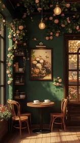 Romantic sunlit café corner with roses and warm wood tones.