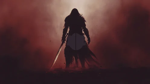 Dark armored warrior silhouette standing in burning fog.