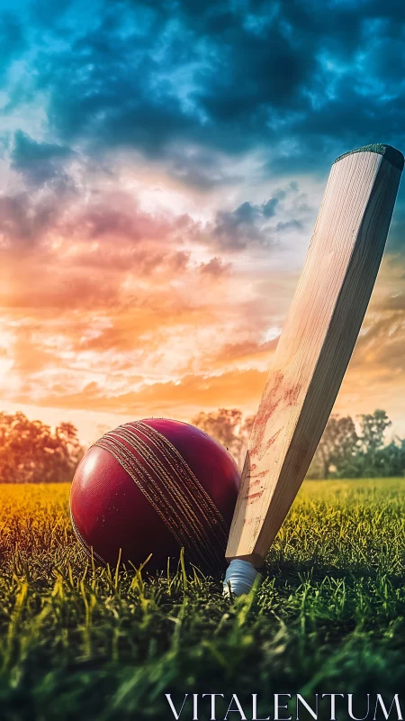Cricket bat and ball at sunset on vivid grassy pitch.