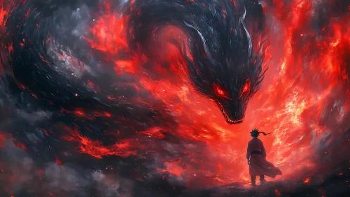 Lone warrior facing colossal fiery shadow dragon storm.