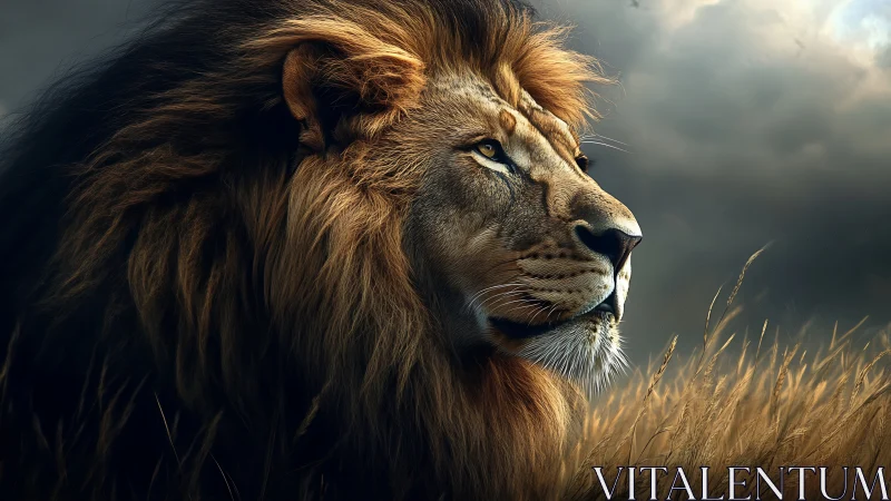 Lion portrait shows detailed mane and side profile in grassland