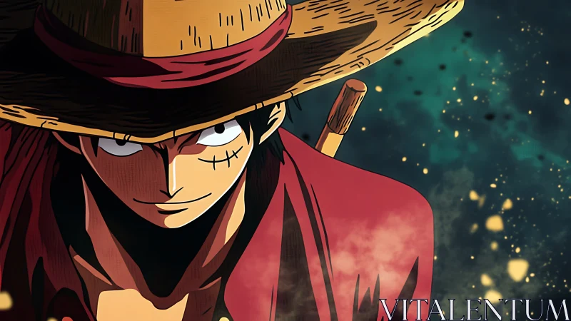Straw hat pirate gazes ahead with bold, adventurous spirit