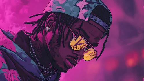 Hip hop portrait shows neon-lit rapper in reflective shades