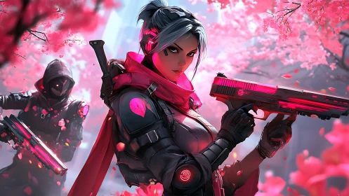 Cybernetic operatives in neon-lit cherry blossom crossfire.