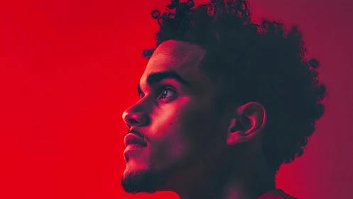 Warm red portrait of a thoughtful young man in profile.