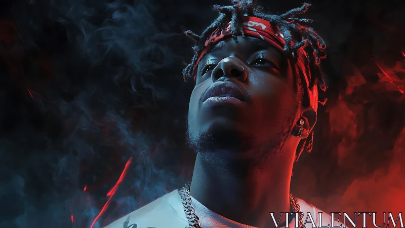 Portrait of man in colored smoke with dramatic lighting.