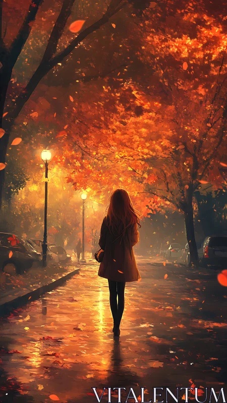 Warm autumn stroll beneath glowing golden streetlights.