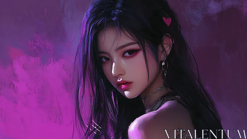 Digital portrait depicts young woman in vivid magenta light