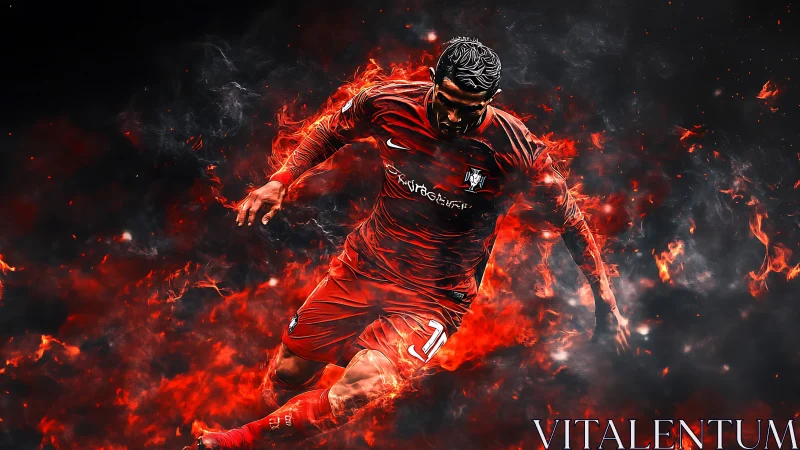 Blazing soccer player surges through swirling fire and smoke