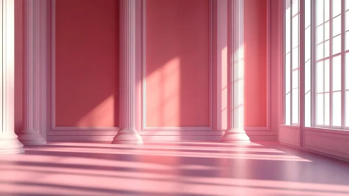 Sunlit pink neoclassical interior shows columns and windows