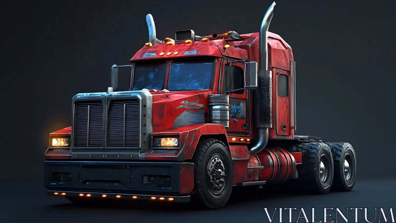 Red long-haul semi truck render with worn metallic detailing.