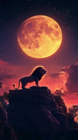 Moonlit lion king crowned by a blazing celestial sunset.