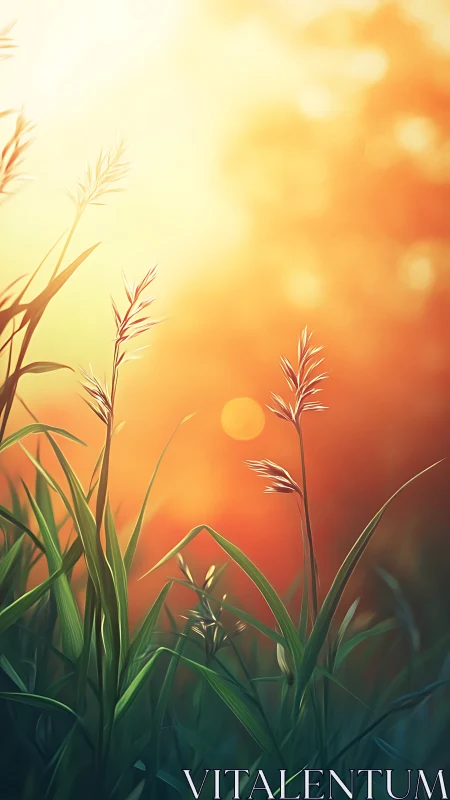 Sunlit meadow grass catches warm low evening light glow
