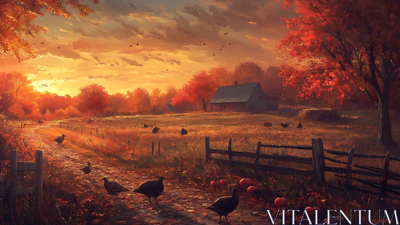 Autumn farmhouse sunset with turkeys along rustic path.