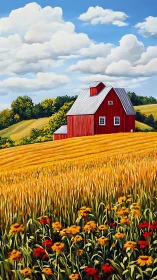 Red barn stands in golden wheat field under bright sky