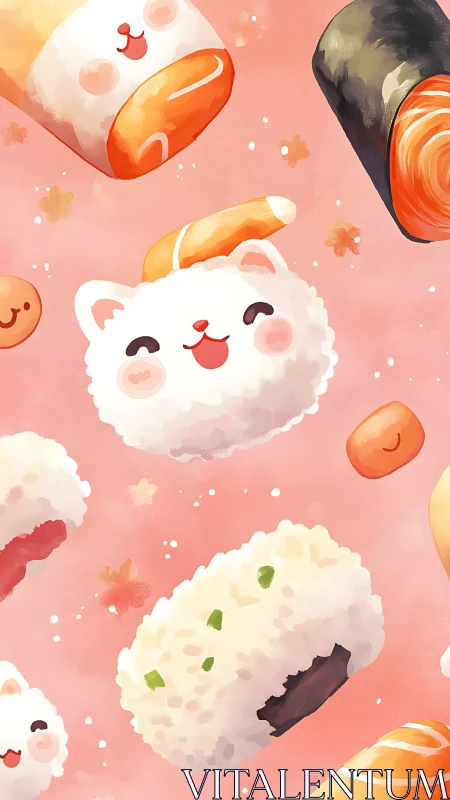 Kawaii feline sushi array in soft gradient chromatic field.