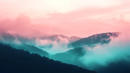 Pastel atmospheric mountain ridges in layered digital painting.