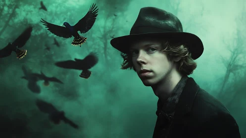 Young man in dark hat amid teal mist with circling birds