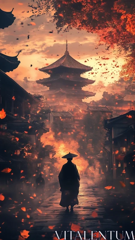 Autumn ember path to the silent pagoda at dusk.