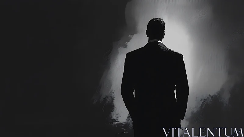 Silhouetted man in suit stands before bright foggy light