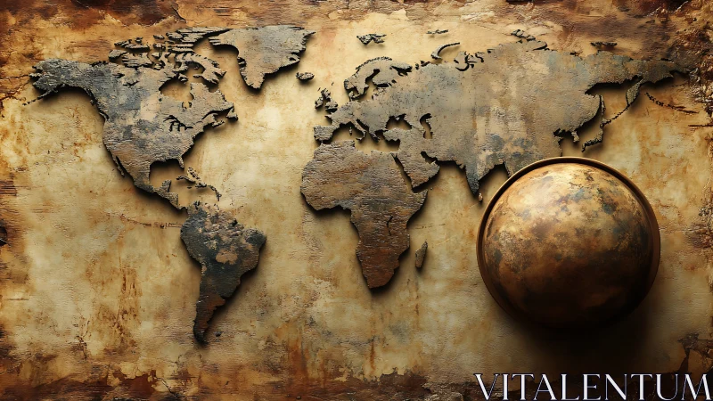 Rust-touched world map and bronze globe in warm decay.